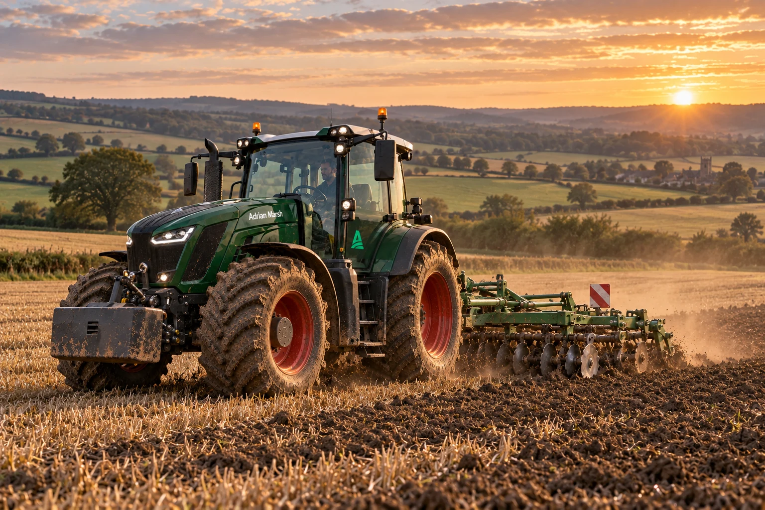 Illustrative marketing scene of an Adrian Marsh branded tractor cultivating a field